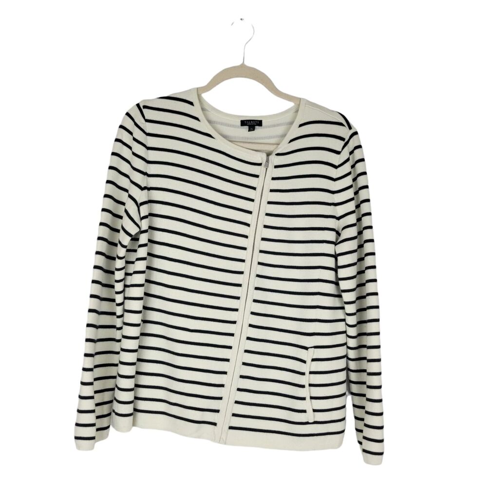 Talbots Woman Petites size XP Cardigan Sweater Blue White Stripe Zip Cotton Knit
